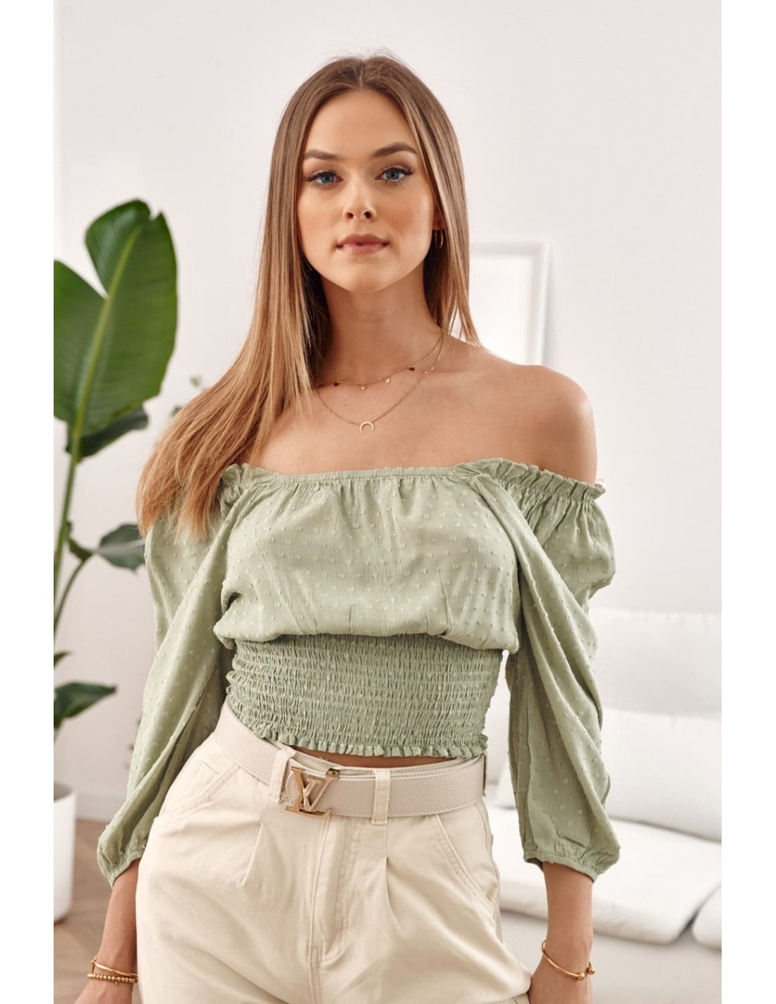 Short blouse with ruffles at the bottom Khaki MP29390 - Online store - Boutique